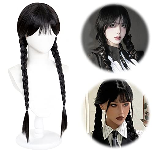 Dubbel flätad peruk svart för kvinnor och flickor – ponny fläta och dubbel hästsvans – cosplay & partydekorationer