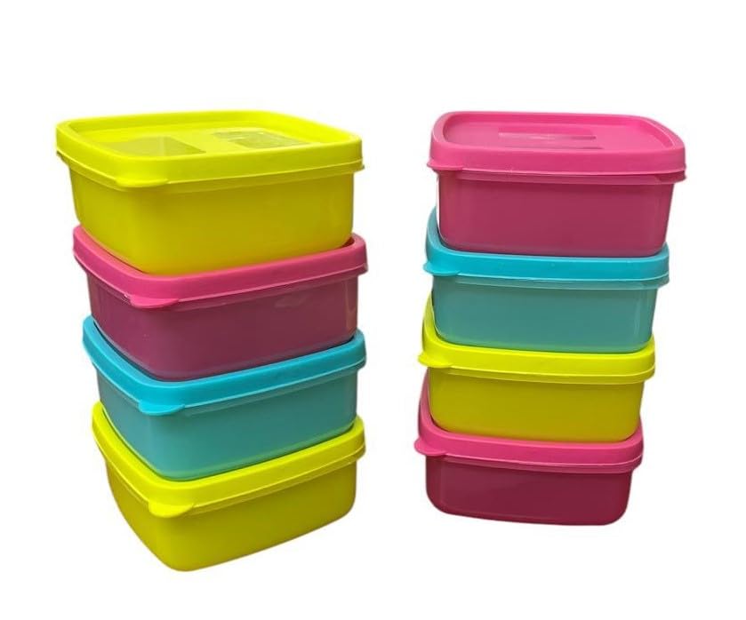 Image of C.S.M CSM Square Food Storage Containers, Set of 8 (330ml Each), Air Tight, BPA Free, Microwave Safe, Stackable, Multicolour Kitchen Organiser, Dishwasher Safe