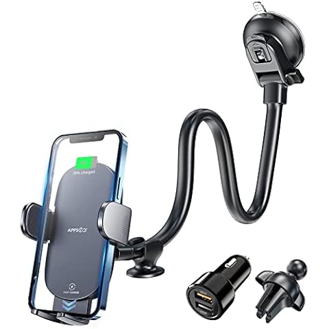 APPS2Car 15W Fast Qi Wireless Car Charger, 2 in 1 Car Phone Holder Wireless Charger for Windscreen Suction Cup Dashboard Air Vent Mount Compatible for iPhone 14/13/12 Pro Max Mini, Samsung, LG etc Cover
