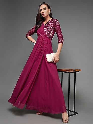 Image of Miss Chase Women's V-Neck Three-Quarter Sleeve Self-Designed Wrap Maxi Georgette Dress
