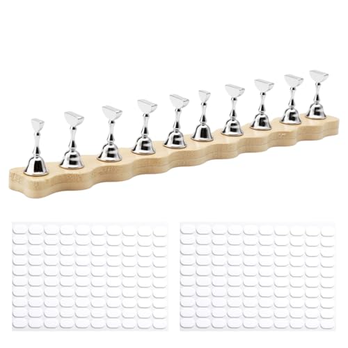 APOMOONS Support Magnétique pour Faux Ongles avec 10 Pointes à Clous et 200 Pcs de Mastic Adhésif, Support Ongles Capsules, PréSentoir à Ongles en Bois, Acrylique Support D'entraînement à Ongles