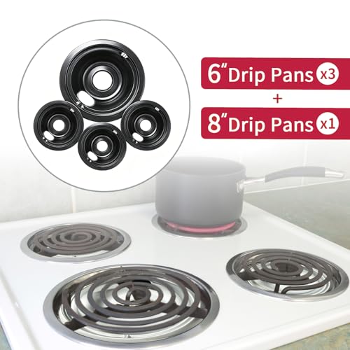 COZZIVITA GE Black Stove Drip Pans, 10% Energy Save by Enamel Spraying Prevent Bending and Rust - Include 3Pcs 6'' Burner Drip Pans and 1Pcs 8'' Drip Bowl by COZZIVITA - Used condition - Image 2