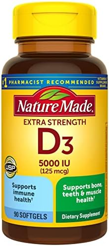 Nature Made Extra Strength Vitamin D3 5000 IU (125 mcg), Dietary Supplement for Bone, Teeth, Muscle and Immune Health Support, 90 Softgels, 90 Day Supply
