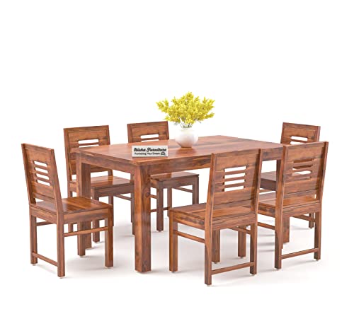 Image of Wooden Dining Set 6 Seater Dining Table with 4 Chairs & 1 Bench | Wooden Dining Table for Home Furniture in Natural Teak Finish (6 Chairs- Honey Finish)