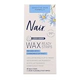 Nair Sensitive Hair Remover Mess-Free Wax Ready Strips, Legs and Body Easy Hair Removal Wax Strips for Sensitive Skin, Chamomile Extract, Dermatologist Tested, Plus 6 Post Wipes, 40 Count