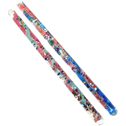 Star Magic Spiral Glitter Wand Hand Fidget Wonder Tube Princess Halloween Costume Fairy Pretend Pay Wizard Wand 2 Wands (Aqua/Pink, Blue/Red) Cover