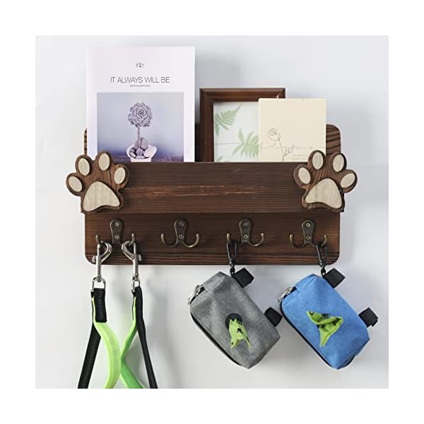 Hirusticate-Wood-Dog-Leash-Holder-for-Wall-with-4-Brass-Hooks-for-Dog-Collar-Pet-Treats-as-Key-and-Mail-Holder-for-Wall-Dog-Poop-Bag-Holder-Coat-Rack-Wall-MountBrown Stylish Hirusticate Wood Dog Leash Holder with Brass Hooks | Pet Organization
