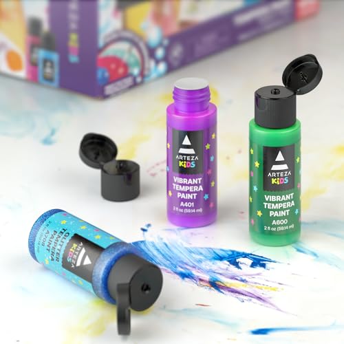 ARTEZA 32 Tempera Paint, 2.03oz/60ml Bottles, Washable Tempera Paint for Kids, Includes Neon, Glitter & Glow-in-The-Dark by Arteza Kids - Image 7