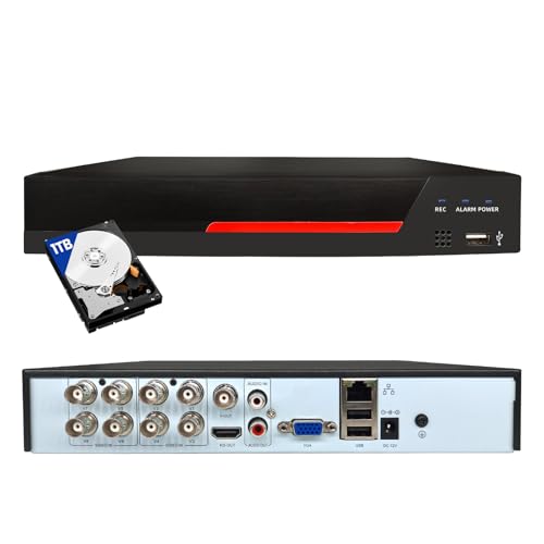 8 Channel Hybrid Security DVR Recorder with 1TB HDD, 5MP H.265+ Surveillance Video Recorder for Analog AHD, TVI, CVI, CVBS, IP Cameras
