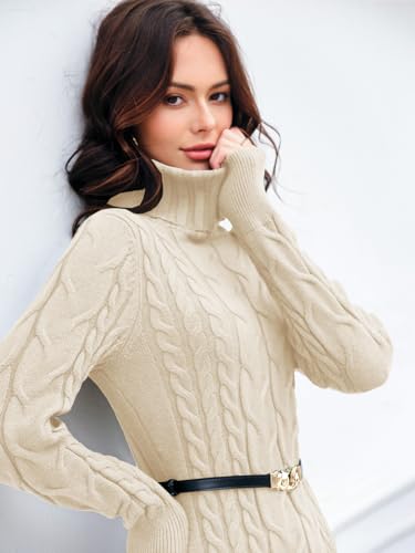 Image of Langwyqu Womens Cable Knit Long Sleeve Turtleneck Bodycon Sweater Dress