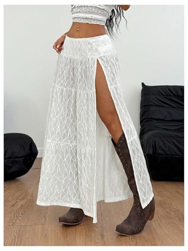 Women's Y2K Boho Lace Maxi Skirts Split Thigh Low Rise Long Skirts Country Cowgirl Outfits2