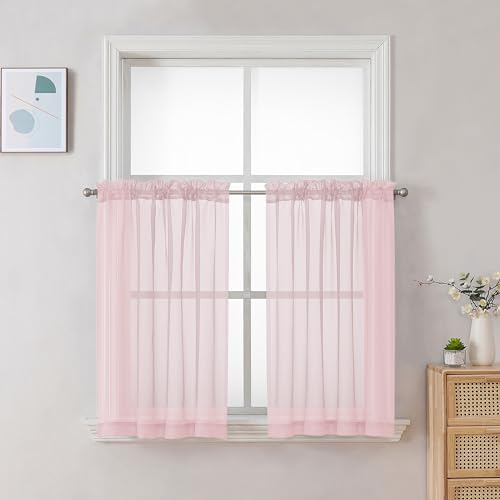 Image of Chyhomenyc Sheer Curtains 24 Inch Length, Small Window Curtains for Bathroom Living Room Basement, Voile Short Rod Pocket Curtain Tiers, 42in Wx 24in L, 2 PCS, Blush Pink