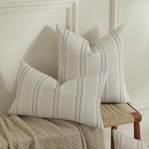 Hckot Throw Pillow Covers 24x24 Set of 2 Striped Pillow Covers Textured Linen Decorative Pillows Square Cushion Covers for Sofa Couch Bed Living Room Farmhouse Decor, Greyish Green