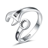 JZWUYAN Silver Biker Spanner Wrench Ring - 925 Sterling Silver Adjustable Mechanic Wrench Tool Ring for Men, Vintage Spanner Rings Jewelry Gifts for Women