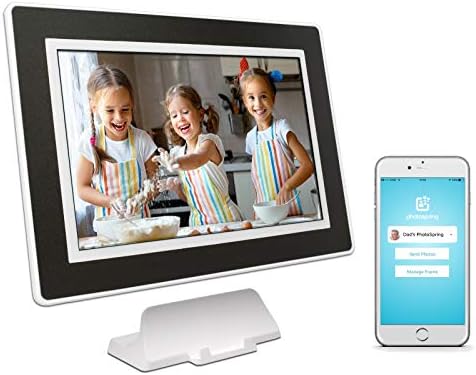 PhotoSpring (64GB) 10-inch WiFi Cloud Digital Picture Frame - Battery, Touch-Screen, Plays Video and Photo Slideshows, HD IPS Display, iPhone & Android app (White/Black Mat - 65,000 Photos)