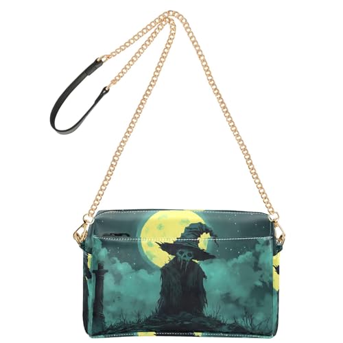 Women Crossbody Bag Shoulder Handbag Cellphone Purse PU Leather Metal Chain Strap Water Resistant Zipper Closure Halloween Grave Print