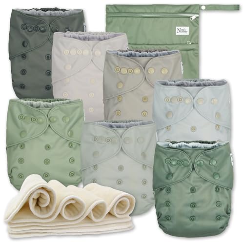 Nora's Nursery AWJ Cloth Diapers 7 Pack with 1 Wet Bag - Waterproof Cover, Washable, Reusable & One Size Adjustable Pocket Diapers for Newborns and Toddlers - Morning Dew