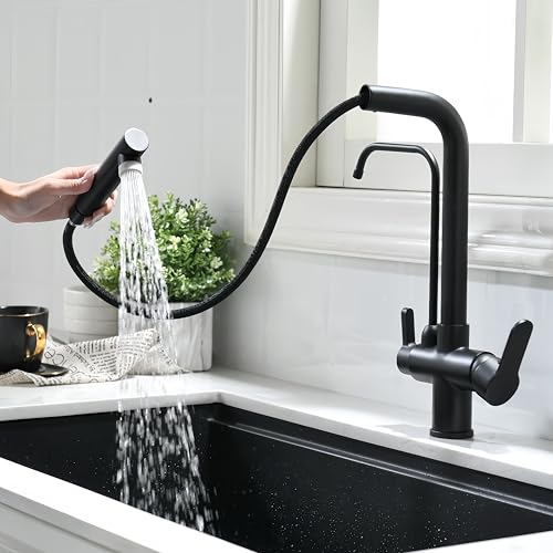 3 Wege Wasserhahn Küche Mit Brause, Küchenarmatur Ausziehbar, 360° Drehbar, Drei Wege Mischbatterie Für Wasserfilter (Schwarz)