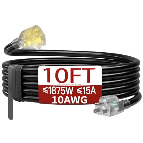 Image of 10 FT 10 Gauge Extension Cord Outdoor, Heavy Duty Weatherproof & Flame Retardant Black 3 Prong Power Cord with Light, Outside for Lawn & Garden, 15 Amps 1875 Watts 125 VAC 10AWG SJTW, ETL Listed