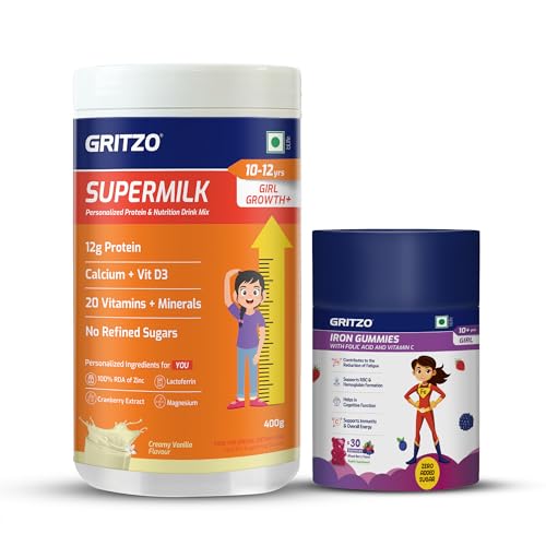 Image of Gritzo SuperMilk Growth+ (10-12y Girl), 400g + Gummies | Creamy Vanilla | 12g Protein | Includes 30 Iron Gummies | Zero Refined Sugar