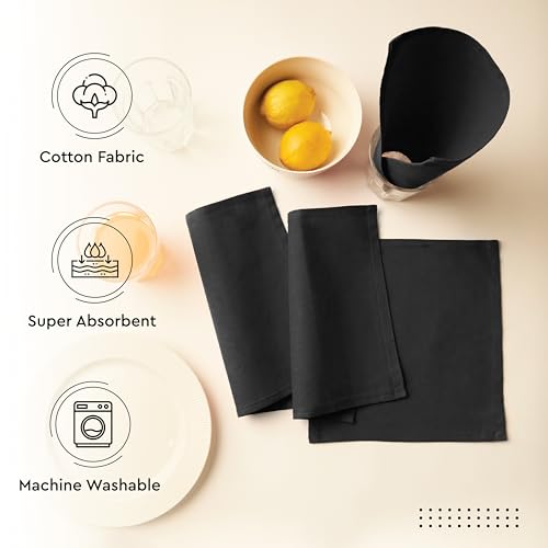 Image of Encasa XO Dining Cocktail Napkins 12 pcs (1 Dozen) Set of Large 23x23 cm (9 inchx9 inch) - Charcoal Grey - Absorbent Heavy Cotton Party Fabric Machine Washable for Home Restaurant Banquet & Hotel