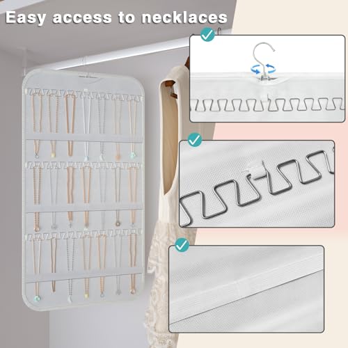 Hanging Jewelry Organizer Storage, 40 Pockets 36 Hooks Necklace Earring Necklace Bracelet Ring Organizer, Double - Sided Design, White - Image 3
