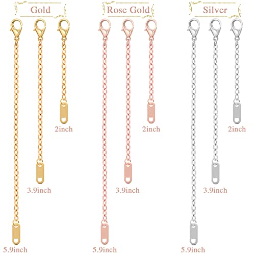 9 Pcs Necklace Extender, Chain Extenders for Necklaces, Delicate Stainless Steel Jewelry Chain Extenders for Bracelet Anklet Necklace (Gold/Silver/Rose Gold, 5/10/15cm)2