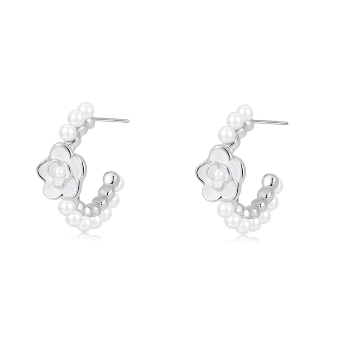 SLUYNZ Sterling Silver Flower Pearls Hoop Earrings for Women Teens Huggie Earrings Wedding Earrings for Statement Bridal Mothers Day Gifts Jewelry