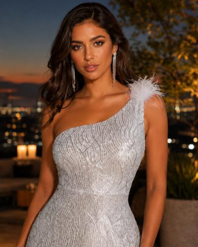 Image of One Shoulder Formal Evening Gowns Sequin Mermaid Maxi Dress for Wedding Guest