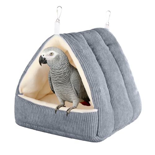 Image of Large Winter Warm Bird House and Bird Bed for Cage with Soft Plush Hanging Hammock & Hut Tent, Hideaway Sleeping Nest for Macaws African Grey Amazon Parrots (Grey, L)