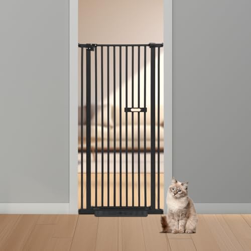 Türschutzgitter Treppenschutzgitter Ohne Bohren, Schließt Automatik Hundegitter Tür mit 2 Pedal und Abdeckung, Verlängerbar Hundegitter für Haustier Kleinen Haustieren Hunden Katzen (Schwarz, 150cm)