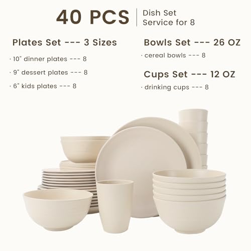Image of Homienly 40 PCS Dinnerware Set Service for 8, Kitchen Wheat Straw Dinnerware Set Unbreakable - Plates Set, Bowls Set,Cups Set, Microwave and Dishwasher Safe Dish Set for Dinner, Outdoor(Beige)