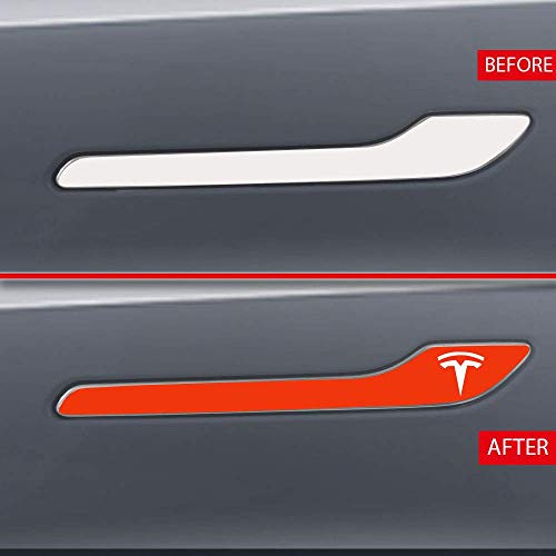 Image of IPG Compatible for Model 3 / Model Y /Juniper Door Handle Decal Sticker Wrap Kit (Set of 4) with Tesla Logo Personalize Your Tesla (Gloss Orange)