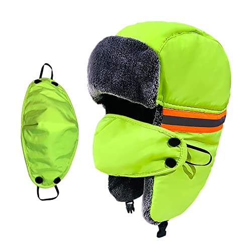 Winter Reflective Trapper Hat with Ear Flaps Face Mask Waterproof Windproof Warm Faux Fur Lined Russian Hunting Hat for Men Green