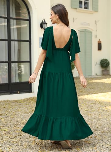Image of Kikibell Women Summer Dresses Sexy V-Neck Maxi Dress Tiered Silhouette with Flutter Sleeve Backless Elastic Waist Flowy Dress