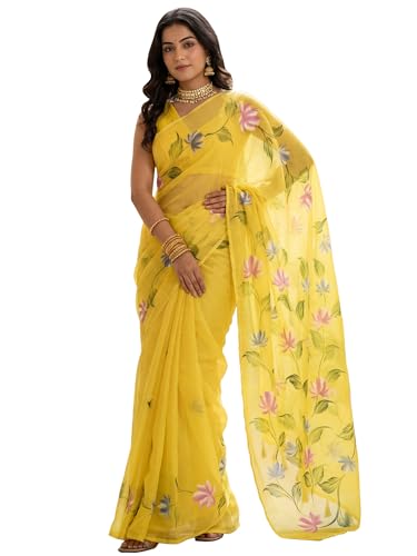 Image of AKHILAM Women's Cotton Saree with White Daisy Floral Prints Tassel Pallu Lightweight Summer Saree