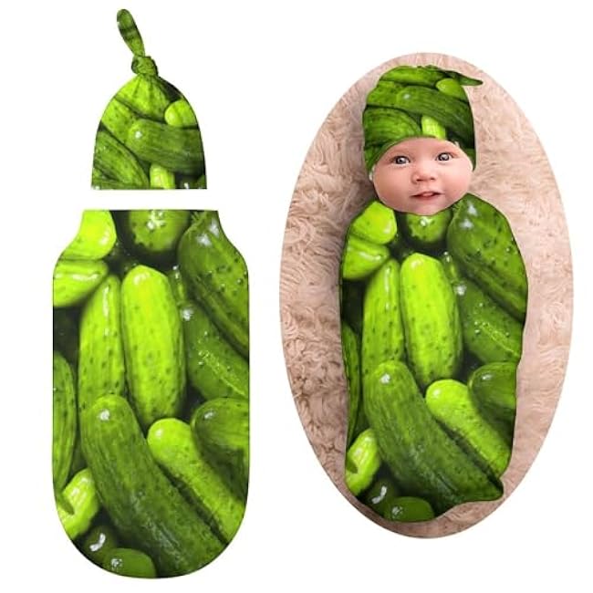 3D Funny Realistic Food Green Pickles Cucumbers Newborn Swaddle Blanket With Beanie Hat - Soft Baby Sleep Sack, Receiving Blanket, Wraps - Gifts for Boys Girls Infant