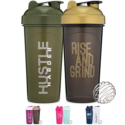 [2 Pack] 28-Ounce Shaker Bottle with Motivational Quotes (Mose Hustle Harder & Black/Gold Rise) | Shaker Cup Set with Wire Whisk Balls | Protein Shaker Bottle Multipack is BPA Free and Dishwasher Safe