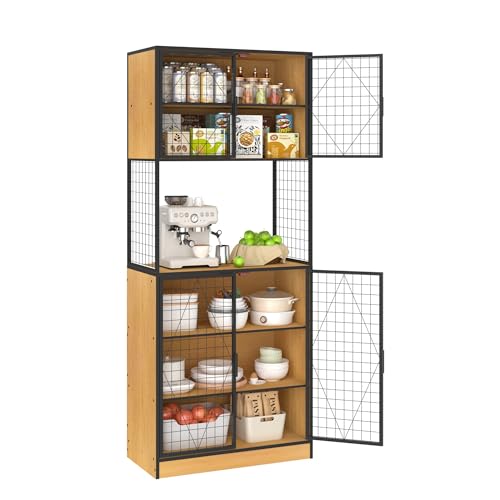 Image of VECELO 72in Tall Kitchen Pantry Cabinet with Doors and Shelves, Large Freestanding Storage Cupboard with Countertop Hutch, Oak