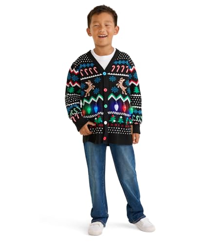 Tipsy Elves Kids Light-Up Rudolph Christmas Cardigan - Funny Ugly Christmas Sweater for Children with Ultra Bright LED's - Black Fair Isle Rudolph Light Up Cardigan Sweater Size - X-Large