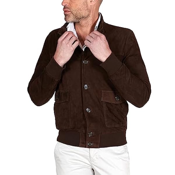 Dark brown suede lamb leather bomber jacket with buttons
