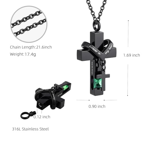Cross Urn Necklace For Ashes Of Loved Ones With Birthstone - Forever in my heart - With Me Always Cremation Jewelry Keepsake Pendant Women Men - Image 2