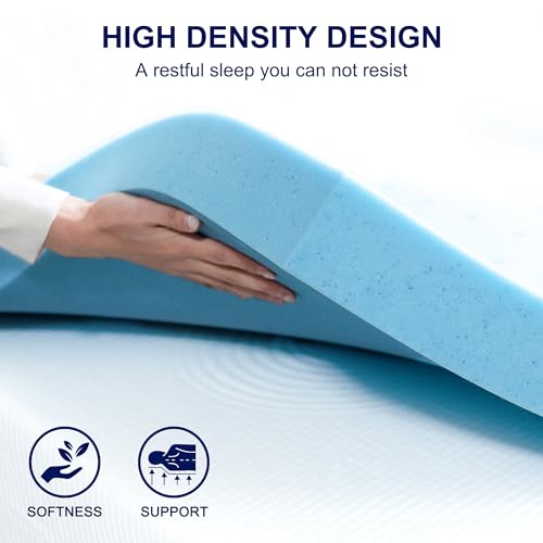 Image of Subrtex Mattress Topper, Full Memory Foam Topper with Cover, 3inch, Blue | Breathable material