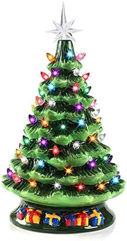 15" Tabletop Prelit Ceramic Christmas Tree with 70 Multicolor Lights, Hand-Painted Ceramic Tabletop Christmas Tree for Christmas Holiday Indoor Decorations