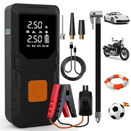 Junsun Arrancador de Baterías Coche 12V (Gasolina/Diésel) con 12000mAh Compresor Aire Portátil 150PSI, Power Bank 18W Carga Rápida, Inflador Neumáticos Coche con Linterna LED para Moto Pelotas
