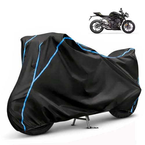 Image of Compatible with Triumph Street Triple RS Waterproof Two Wheeler Bike Body Cover Water Resistant, Heavy Duty, UV Rays, Dust & Scratch Protection for All-Modal & Variants (Black,Sky Blue Piping)