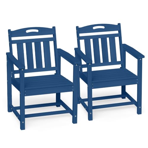 Image of Ciokea HDPE Outdoor Patio Dining Chairs Set of 2, All-Weather Porch Chair with Wide Seat, Durable Outdoor Furniture for Backyard, Garden, Lawn & Poolside, Navy Blue