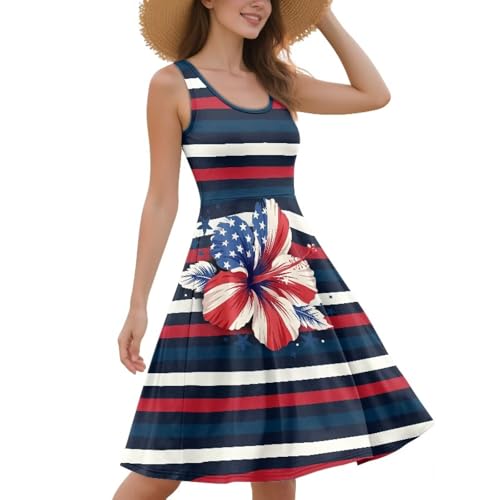 Image of Women Stylish Tank Dresses Sleeveless Round Neck Midi Casual Dress with Pocket for Summer
