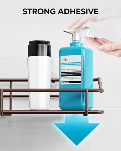 Image of Nieifi Shower Caddy Shelf Storage Adhesive Stainless Steel with Hooks for Washroom, Bathroom, Kitchen - 2 Pack Bronze | Stainless steel, 2 pack, shower rack, shower organization, with hooks, rustproof, no drilling, razor holder, brown
