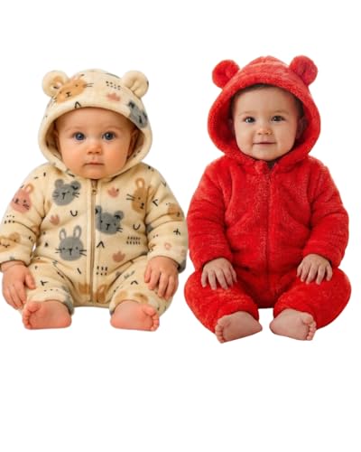 Image of BABYZONE Fluffy Fleece Baby Romper - Hooded Bear Ear Winter Jumpsuit for Boys & Girls